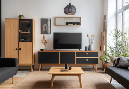 Contemporary living room design with black and oak furniture, light wood accents, and elegant decorの写真素材