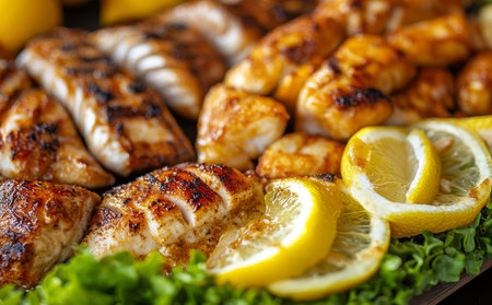 Close up of a platter with various fish and chicken garnished with lemon slices and lettuce