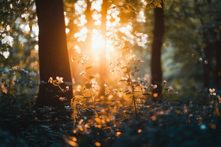 Stunning spring forest scene with lush green leaves and bokeh effect at sunrise or sunsetの写真素材