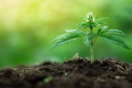 Macro photography of a plant with roots and flower bud against a green backgroundの写真素材
