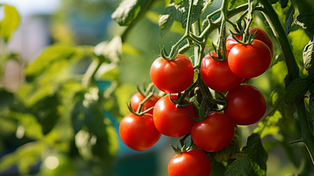 Vibrant red tomatoes on organic farm plant with lush green leaves in detailed panoramic viewの写真素材
