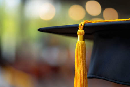 Black graduation cap with yellow tassel in blurred college hall for academic achievement design