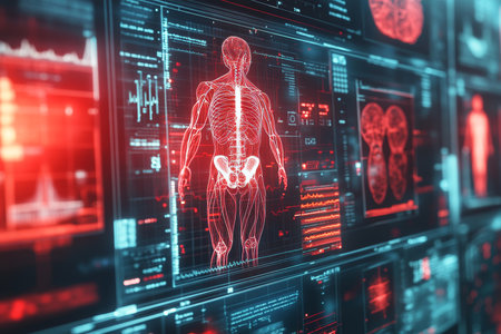 Close up of a 3d medical interface displaying holographic anatomy and radiography data in red lightの写真素材