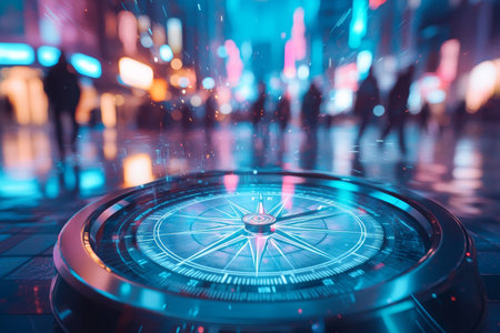 A digital compass guiding seekers in a futuristic cityscape bathed in neon light and mysteryの写真素材