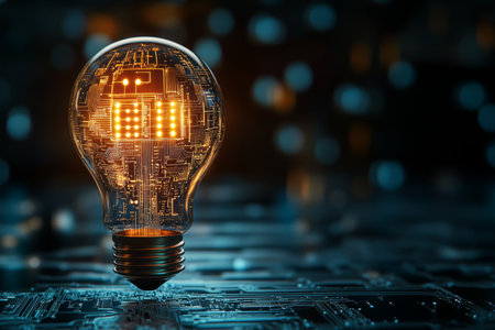 Abstract light bulb with glowing circuit board symbolizing artificial intelligence and technologyの写真素材