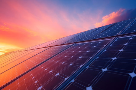 Close up of solar panel texture with sunset sky for photovoltaic power plant concept