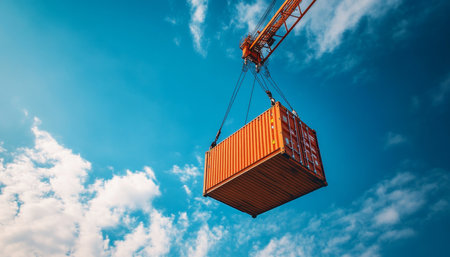 Orange shipping container being hoisted by crane against clear blue sky unique perspective shotの写真素材