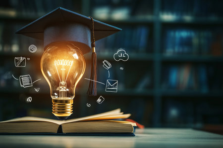 Light bulb with graduation cap symbolizes knowledge in a classroom for online learning coursesの写真素材