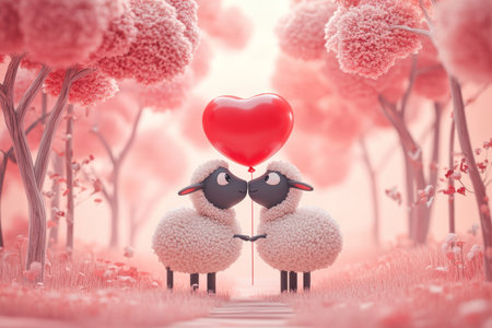 Adorable 3d sheep with heart balloon in a romantic pink forest for valentine's day celebrationの写真素材
