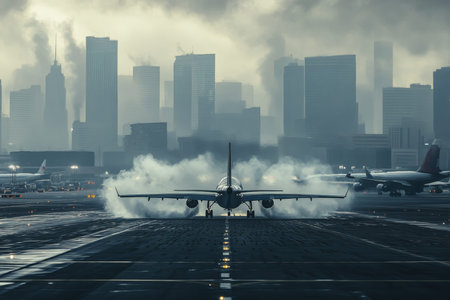 Jet plane landing with smoke from wings amidst skyscrapers and blurred aircraft in background