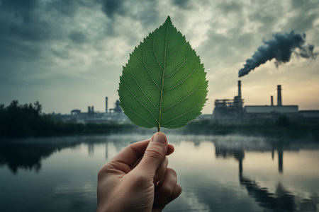 Hand holding green leaf symbolizes eco awareness amid industrial pollution and climate change issuesの写真素材