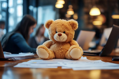 Teddy bear in office a blend of childlike joy and professional collaboration among young workersの写真素材
