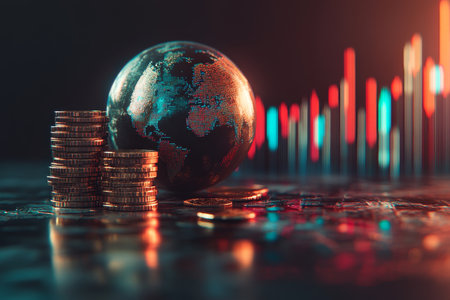 3d globe rendering with coins and stock chart a visual concept of global financial marketsの写真素材
