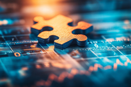 Close up of a puzzle piece on a business chart with blue and orange colors in soft focusの写真素材