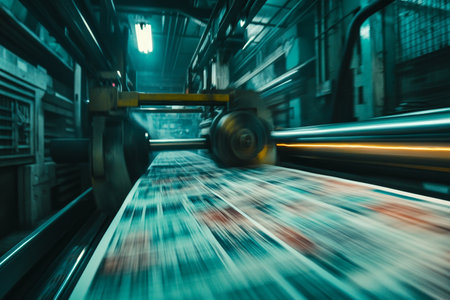 Dynamic close up of a vibrant newspaper printing on a press with motion blur effectの写真素材