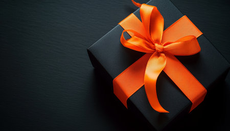 Stylish black gift box with orange ribbon on dark backgroundの写真素材