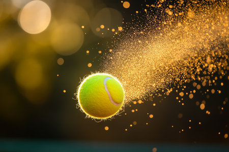 Close up of a yellow tennis ball soaring through a sunlit background with golden dust and bokehの写真素材