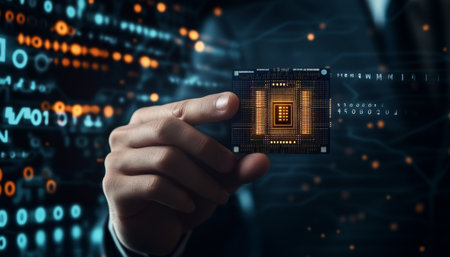 Close up of a business suit hand holding an electronic chip against a futuristic digital backgroundの写真素材