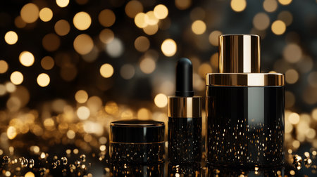 Elegant black and gold cosmetic collection mockup with bokeh lights for beauty branding designの写真素材