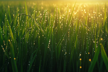 Close up of dew kissed rice sprouts and wheat seedlings in a lush field at sunsetの写真素材