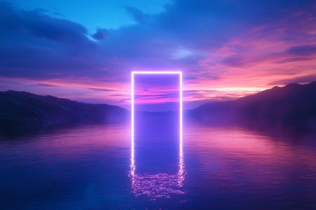 Floating neon door on water at sunrise with hills and a beautiful sky an abstract sceneの写真素材