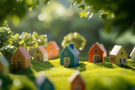 Vibrant miniature houses amidst lush green grass and trees on a sunny day in 3d renderingの写真素材