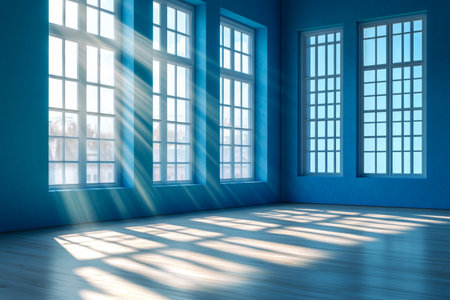 Bright blue room with wooden flooring and sunlit windows creating gentle shadowsの写真素材