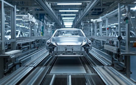 High speed car production line with silver vehicles being painted using advanced technology.の写真素材