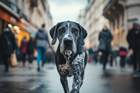A great dane dog joyfully running through the streets of paris amidst blurred city lifeの写真素材