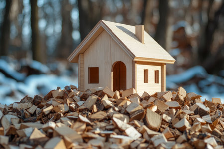 Wooden house model on wood pile embracing winter s warmth with eco friendly energy conceptsの写真素材