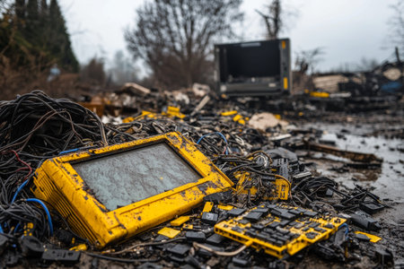 Abandoned technology a fire damaged monitor amidst wires and keys in a decaying landscapeの写真素材