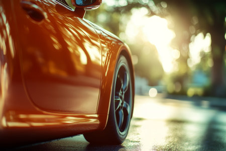 Close up of a car on the road with sunlight and a blurred green landscape backgroundの写真素材