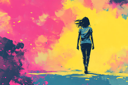 A young woman in fantasy vector art style, colorful ink illustration with dynamic action poseの写真素材