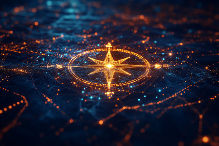 Glowing compass symbolizing ai technology on dark blue abstract background with digital connectionsの写真素材