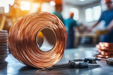Copper wire and tools in an electrician s workshop with blurred workers in the background