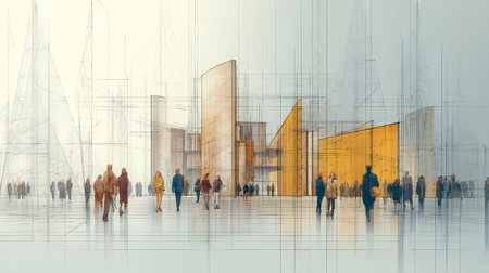 Abstract architectural blueprint featuring people amidst fog with light blue and amber tonesの写真素材