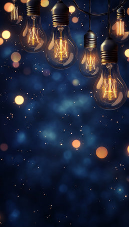 Creative lighting design with vintage bulbs and bokeh lights on a dark blue backgroundの写真素材