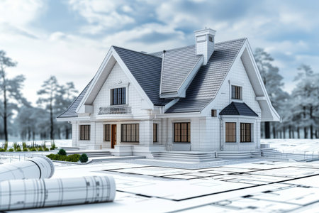 Modern house construction blueprint collage featuring detailed architectural drawings in blue tonesの写真素材