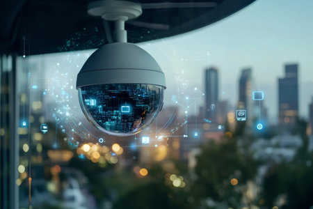 Smart security camera with cloud tech and ai remote monitoring in a networked office environmentの写真素材