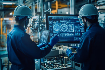 Industrial engineers in helmets using computer with neon hologram by modern factory equipmentの写真素材