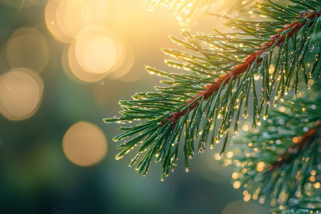 Vibrant background featuring pine tree branch with water droplets and bokeh effect in sunlight