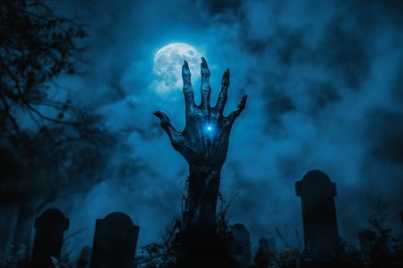 Eerie zombie hand emerges from grave in foggy cemetery under full moonlight with tombstonesの写真素材