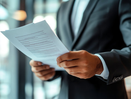 Close Up of Businessman in Suit Reviewing Important Legal Documents, Business Contract Conceptの写真素材