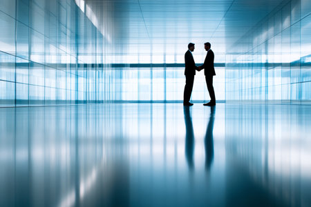 Realistic close up of businessmen shaking hands in blurred office setting with space for textの写真素材