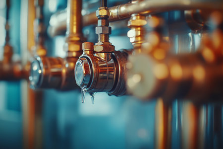 Close up of a plumber repairing a gas pipe on a modern heating boiler with blurred backgroundの写真素材