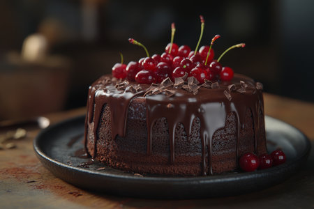 Indulgent chocolate cake with glaze and fresh cherries, set in a cozy rustic ambianceの写真素材