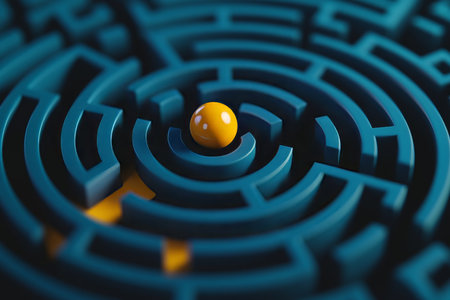 Top view of a blue maze with a yellow path and a ball on its journey isolated on dark backgroundの写真素材