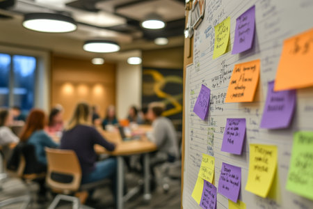 Dynamic indoor workshop scene with colorful sticky notes and engaged participants in collaborationの写真素材