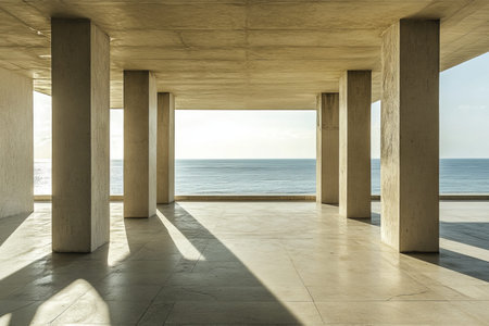 Contemporary concrete architecture sunlit open air space overlooking the sea with minimalist design