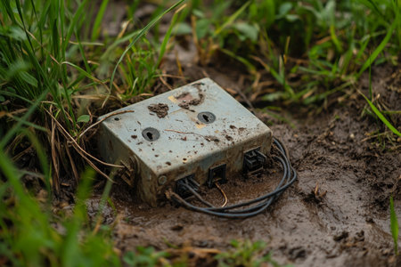 Close up photograph of an electrical junction box with wires on grass and dirt from a high angleの写真素材